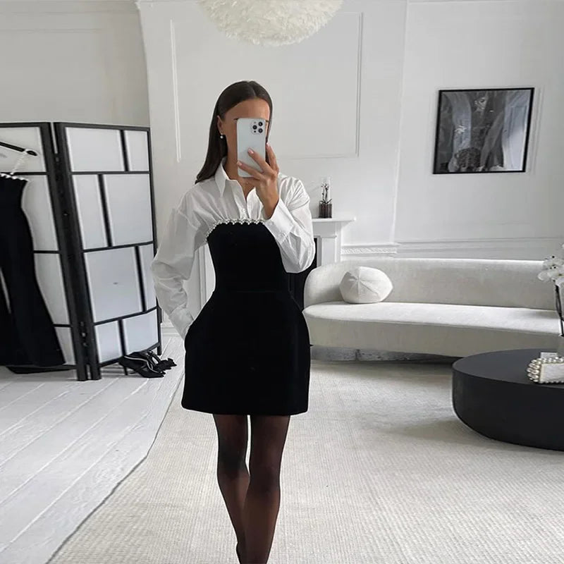 Elegant 3d Flower Pearl Slip Dress Black Slim Robe Lady