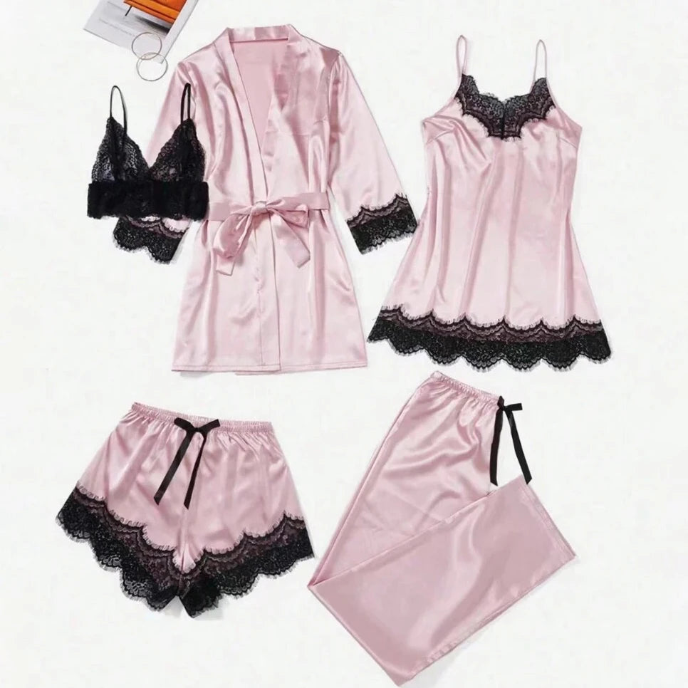 5 Pieces Satin Sleepwear Pajama Set Robe Lingerie