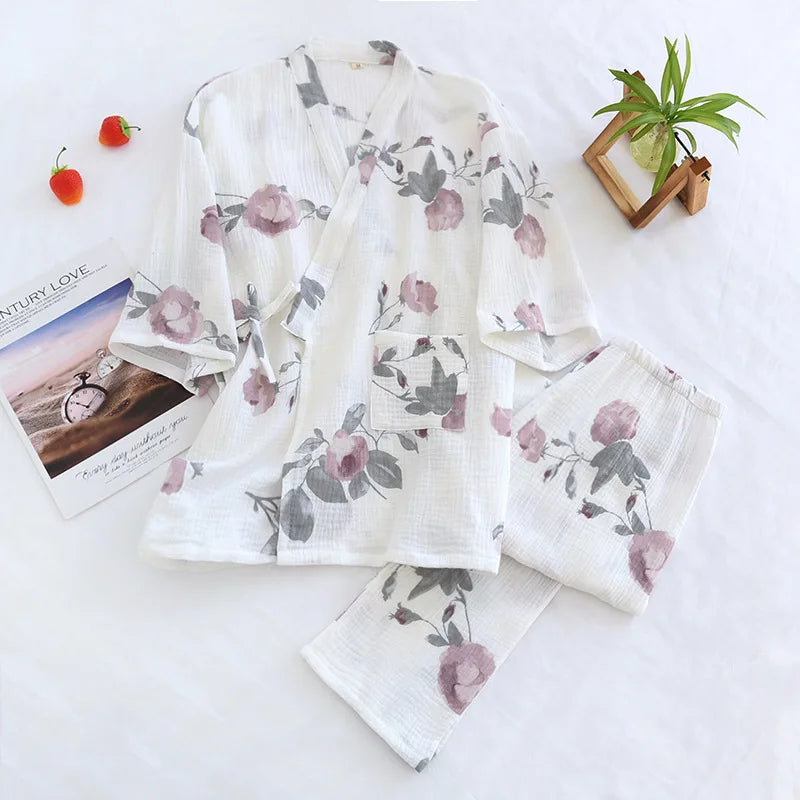Japanese kimono ladies cotton pyjamas two-piece