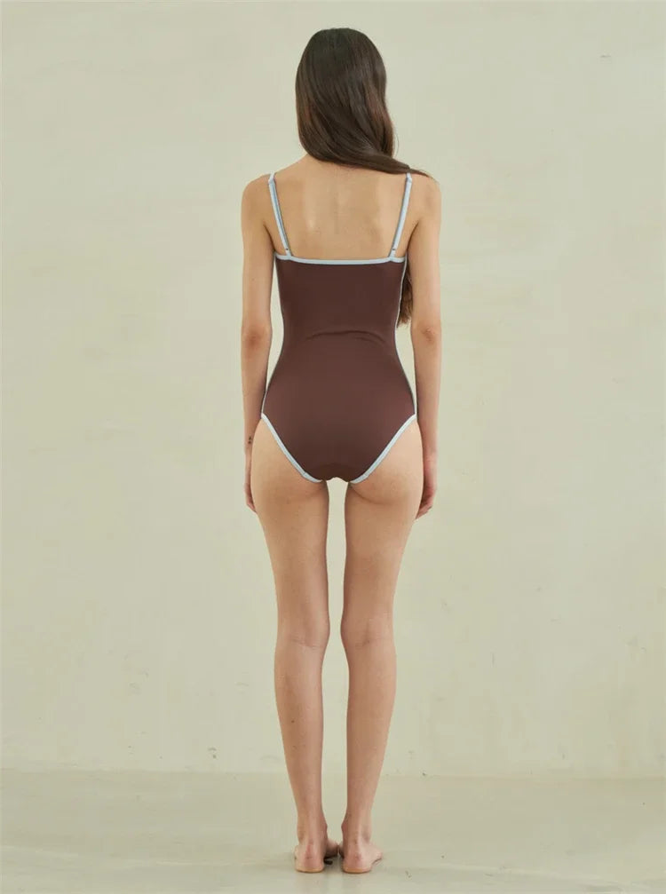 Swimsuit Monokini Bandeau Bathing Suit Korean Padded Beach Wear Brown