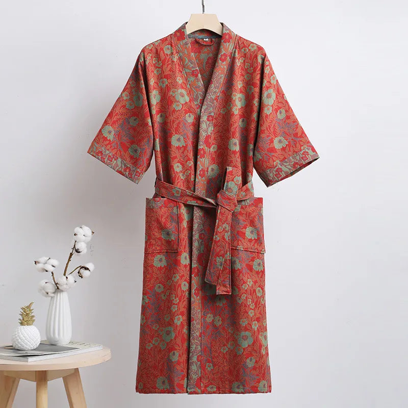 Vintage Print Loungewear Double Layer of Cotton Bathrobes