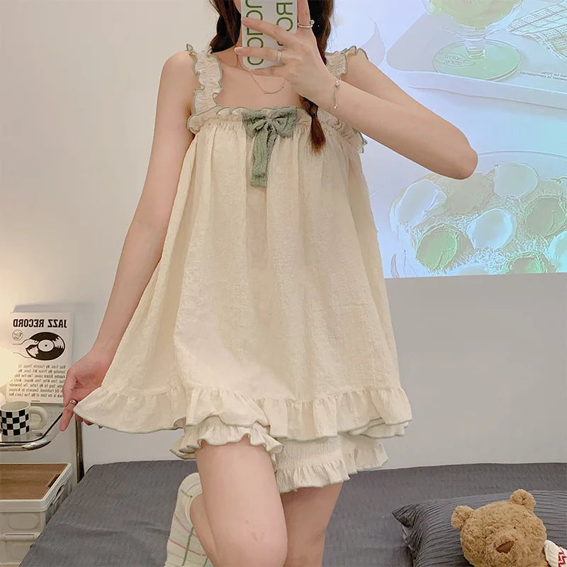 Pyjamas 2P Short With Bow Sleeveless Thin Sweet Cute Cotton