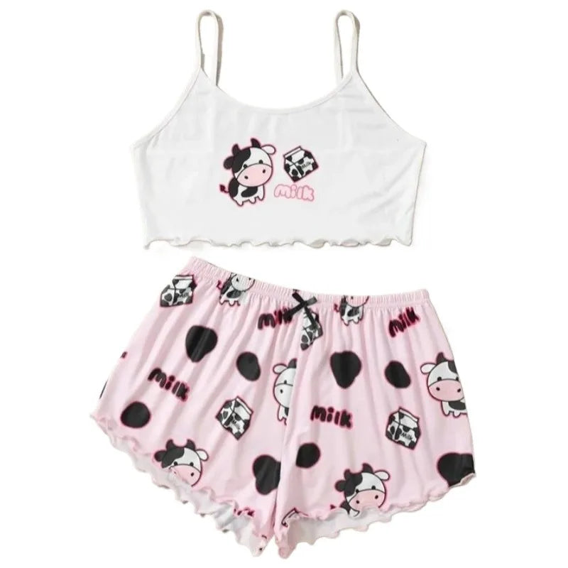 Women 2 Pieces Pajamas Cute Cow Top and Shorts Sleepwear Homewear