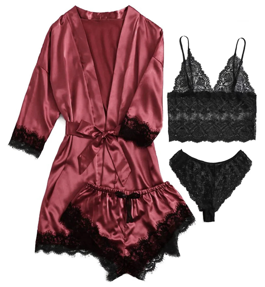 Lace Trim Faux Silk Satin Pyjama Set Gown Skin