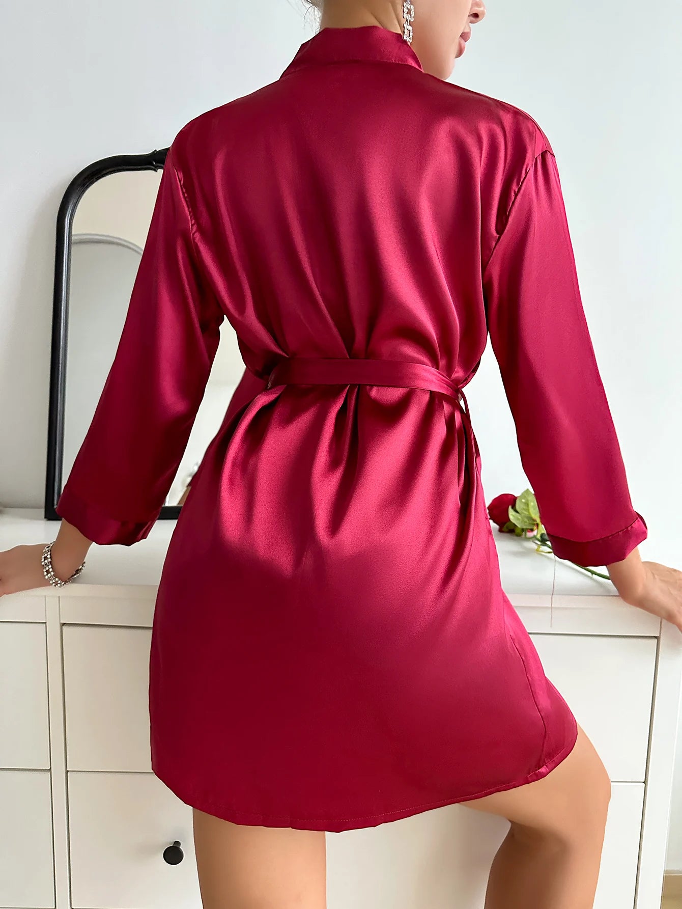 Satin Pyjama Set Long Sleeve Robe With Belt & Contrast Lace V Neck Slip