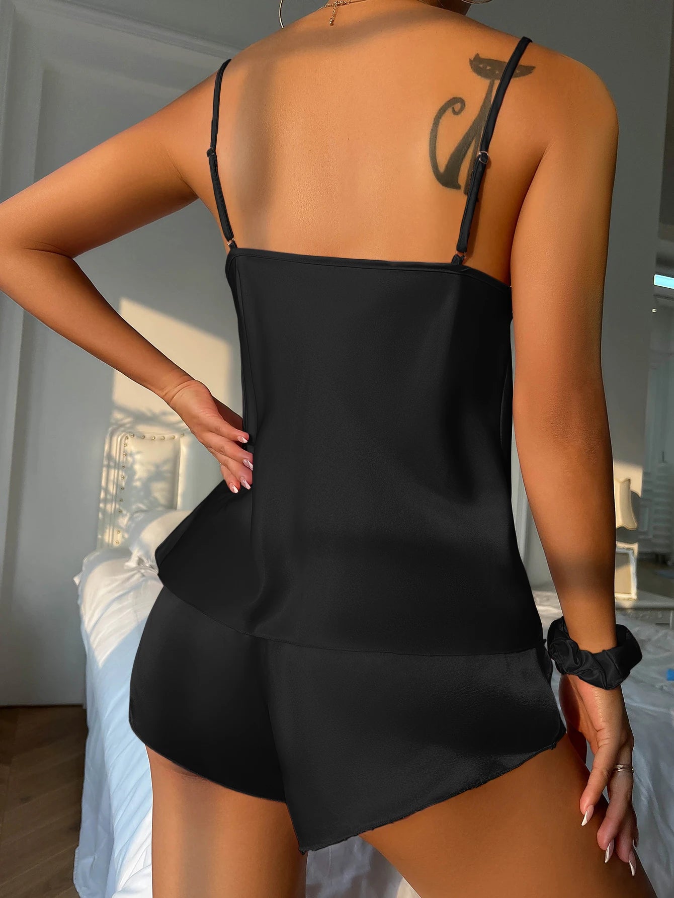 Satin Pyjama Set  V Neck Cami Top Elastic Waistband Shorts