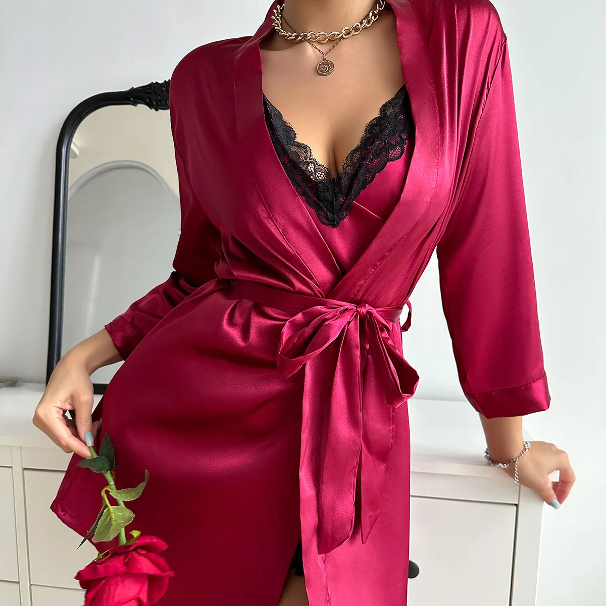 Satin Pyjama Set Long Sleeve Robe With Belt & Contrast Lace V Neck Slip