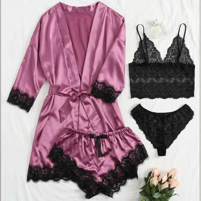 Pink Stripe Robe and Pajamas Satin