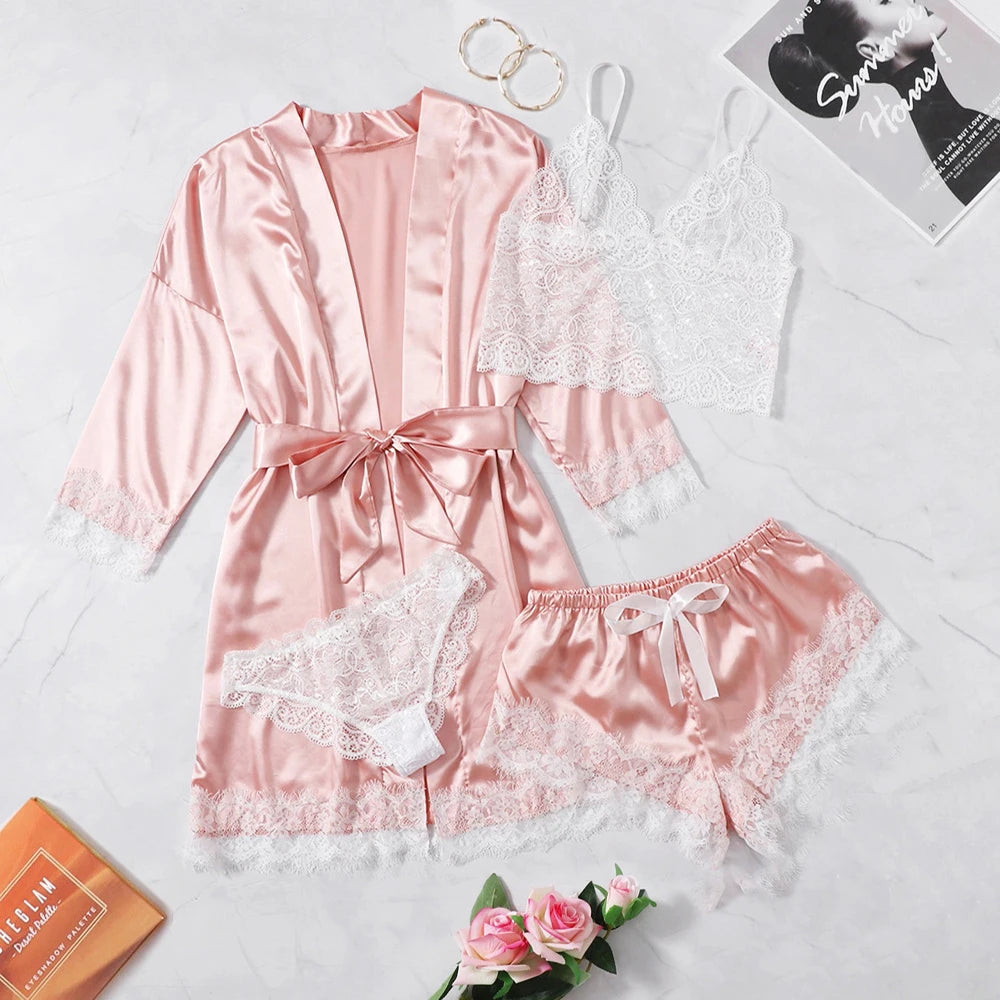 Pink Stripe Robe and Pajamas Satin