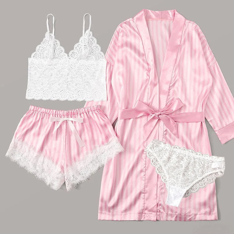 Pink Stripe Robe and Pajamas Satin