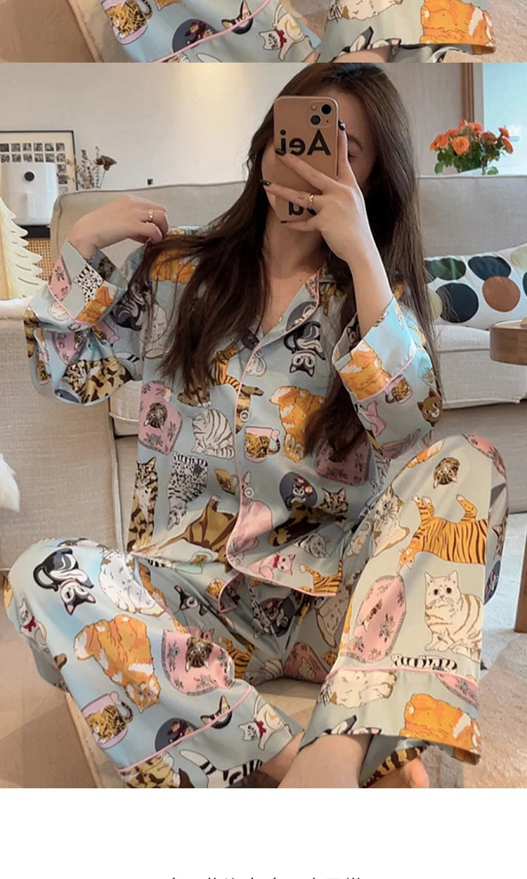Cat Cardigan Long Sleeved Pyjamas Set Satin Loungewear