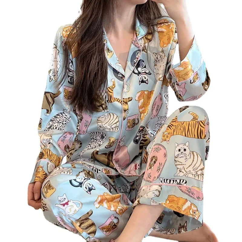 Cat Cardigan Long Sleeved Pyjamas Set Satin Loungewear