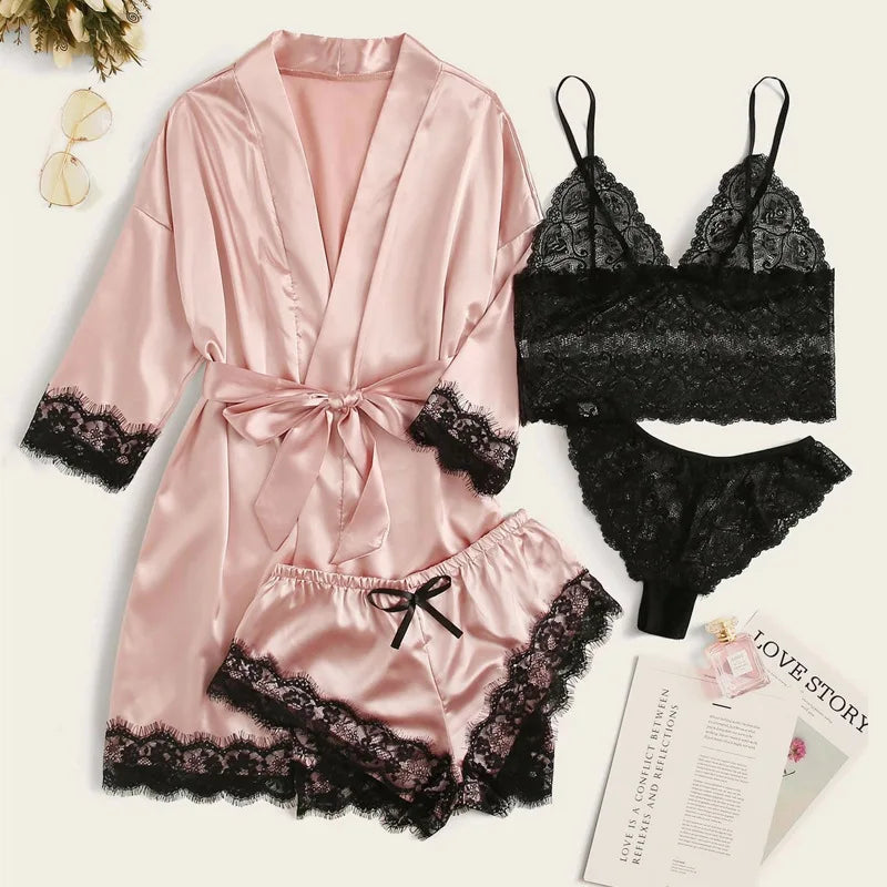 Pink Stripe Robe and Pajamas Satin