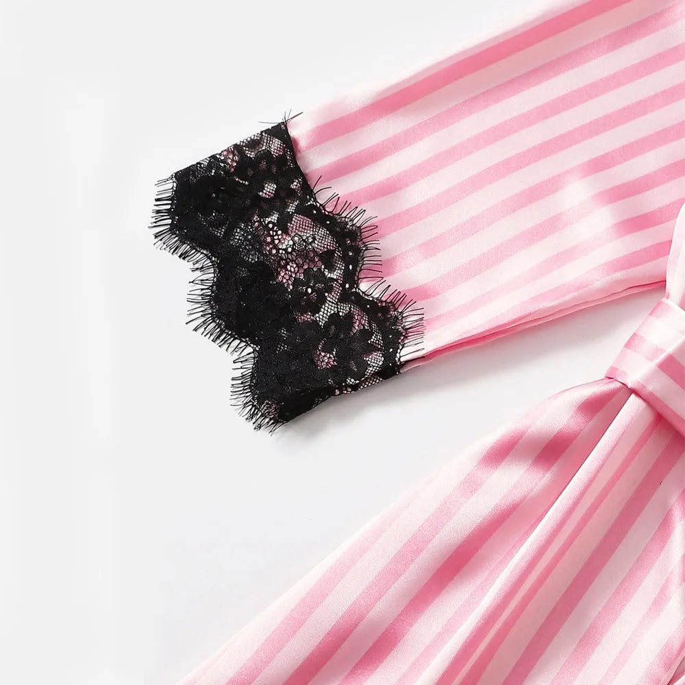 Pink Stripe Robe and Pajamas Satin