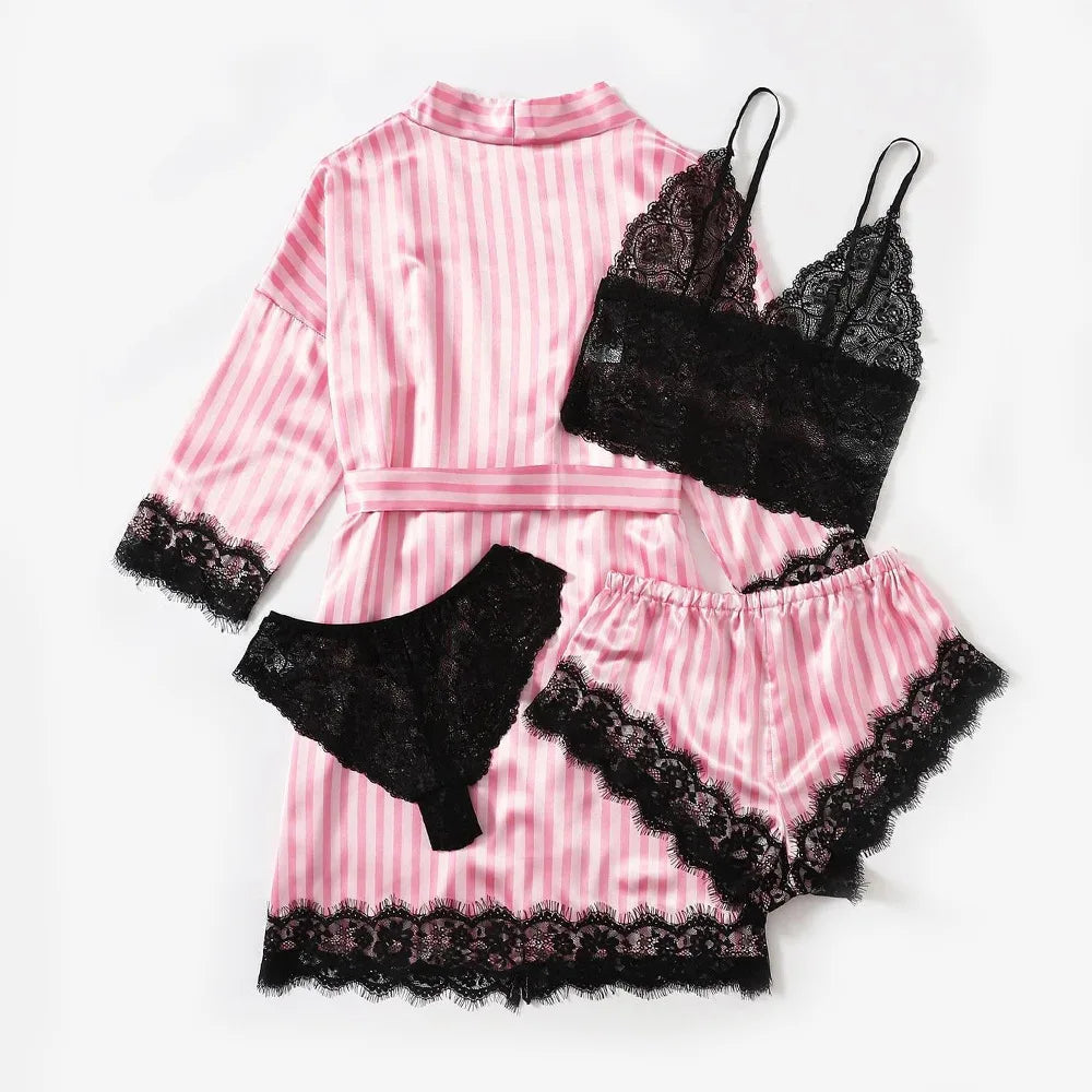 Pink Stripe Robe and Pajamas Satin