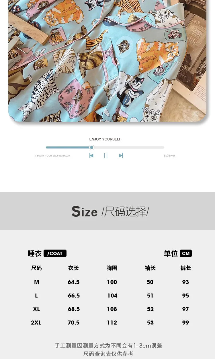 Cat Cardigan Long Sleeved Pyjamas Set Satin Loungewear