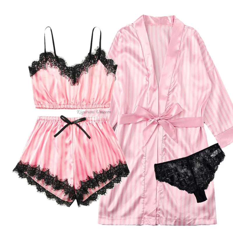 Pink Stripe Robe and Pajamas Satin